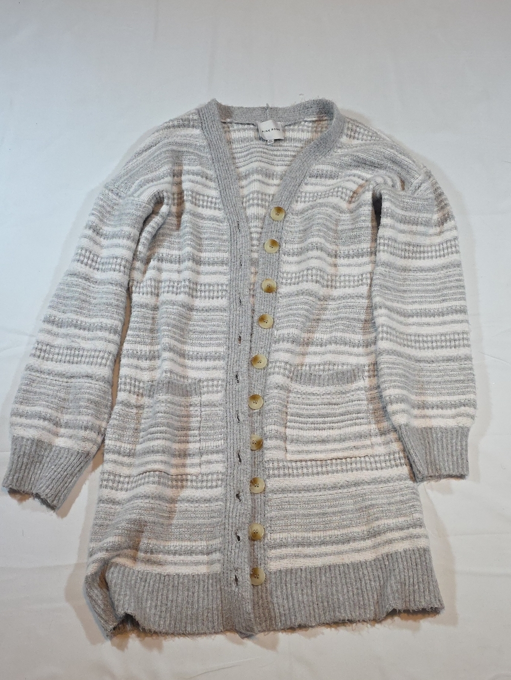 Pink Rose Striped Longline Cardigan - Gray & White